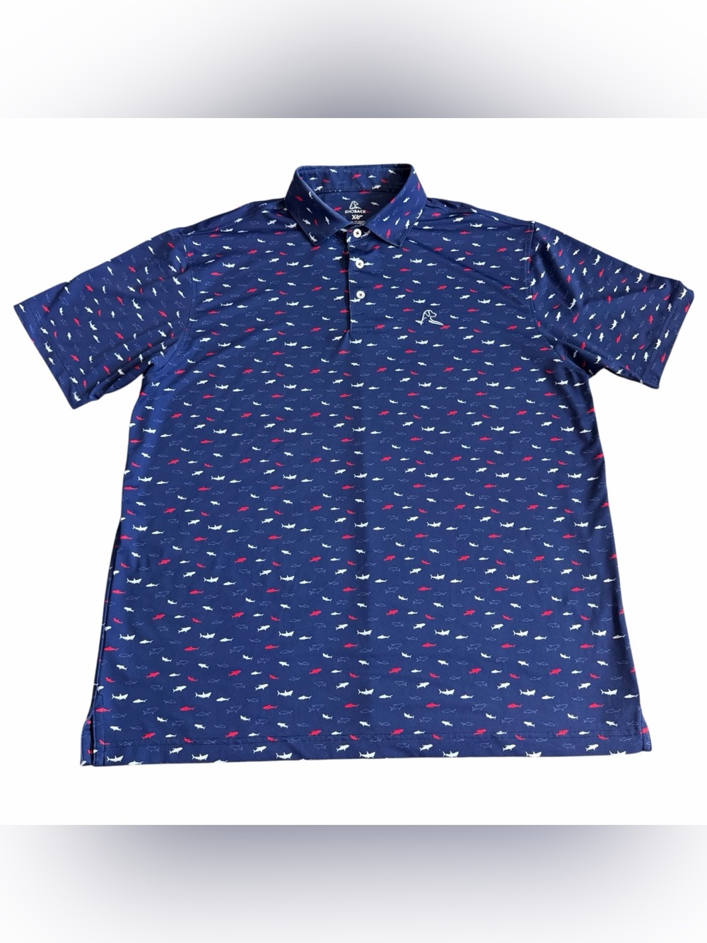 Rhoback Men’s Shark Bait Performance Golf Polo Shirt Sz XL Blue Red White Print